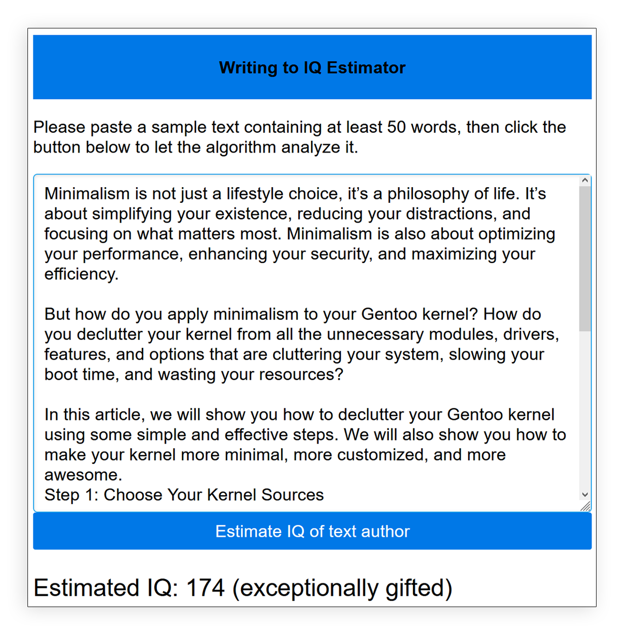 Screenshot of writingtoiq.com showing Estimated IQ: 174 (exceptionally gifted)