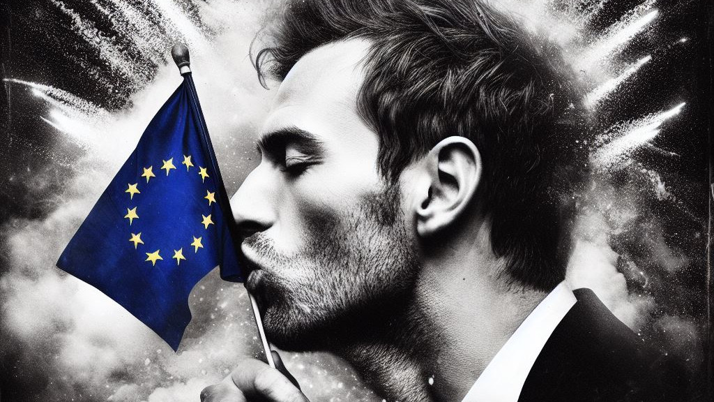 A man kissing the EU flag